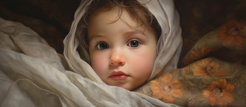 A painting depicting a newborn baby swaddled in a soft blanket, looking peaceful and content. The babys delicate features are emphasized, conveying a sense of warmth and protection.