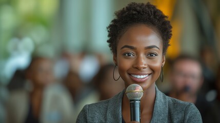Smiling Woman Holding Microphone