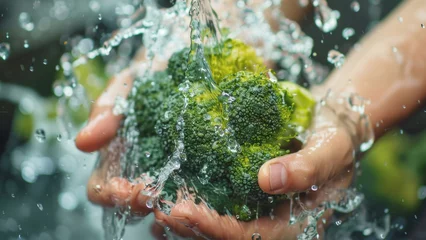 Foto op Plexiglas Fresh broccoli washed under a splash of water, pure and clean. © VK Studio