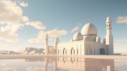 White mosque in the desert with blue sky behind - obrazy, fototapety, plakaty