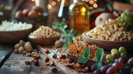 nuts and spices  in wooden board on wooden table.ingradien beans, food in kitchen