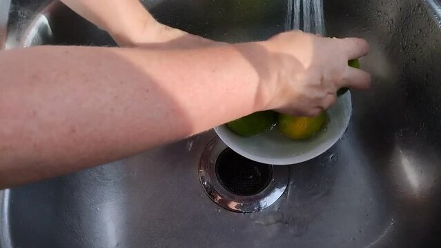 Unas manos de mujer lavando varias  naranjas   en un plato de color blanco  con   agua  en un fregadero