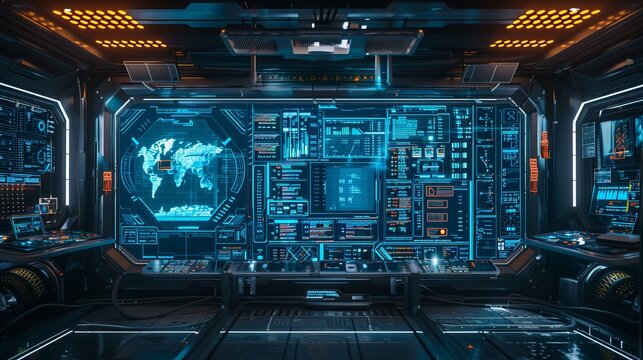 A technological frame or interface, envisioned as a virtual grid, displays a variety of user interface holograms, including callouts, titles, HUD elements, and futuristic callout bar labels