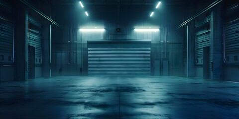 Illuminated Empty Warehouse with Roller Door and Concrete Floor in Nighttime Industrial Setting. Concept Nighttime Setting, Industrial Warehouse, Concrete Floor, Roller Door, Illuminated Space