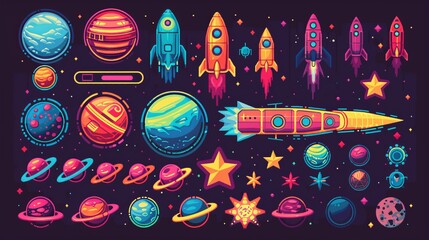 An 8bit pixel art game asset collection, featuring space planets, rockets, and starcraft, alongside a vector font and pixelated game buttons, offering 8 bit pixel game navigation buttons, power bars - obrazy, fototapety, plakaty