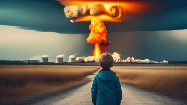 Little boy watching huge nuclear bomb explosion with a mushroom cloud in the desert, back view, weapon of mass destruction. Retro style