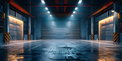 Empty warehouse illuminated by overhead lights with roller door and concrete floor at night. Concept Warehouse Photography, Industrial Interior, Night Lighting, Concrete Flooring, Roller Door