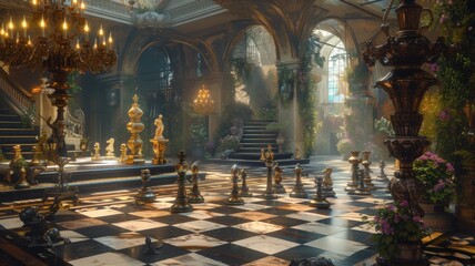 An enchanting scene of a chessboard adorned with whimsical pawns and majestic kings - obrazy, fototapety, plakaty