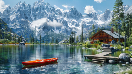 Mountain Lake Idyll: Crystal Waters Reflecting the Serenity of the Surrounding Peaks - obrazy, fototapety, plakaty