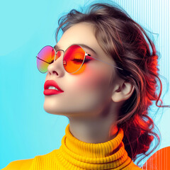 Portrait of a beautiful young woman with bright make-up and sunglasses.