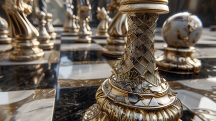 An awe-inspiring close-up of a chessboard with stunningly crafted pawn and king pieces