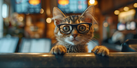 Whiskered Wisdom: Intellectual Cat Contemplates Life in Cozy Cafe Banner - obrazy, fototapety, plakaty