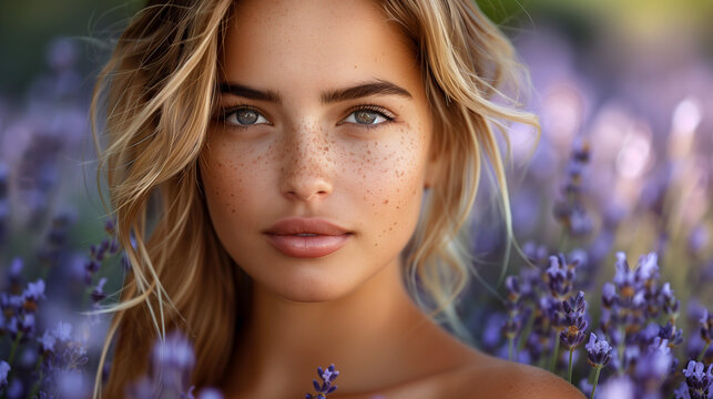 Portrait of a beautiful young woman in the lavender field.