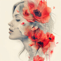 Double exposure portrait of a beautiful young woman with red poppies