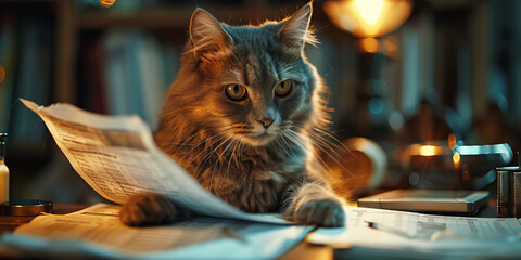 Whiskered Manager at Work: A Focused Cat Overseeing Office Papers Banner - obrazy, fototapety, plakaty