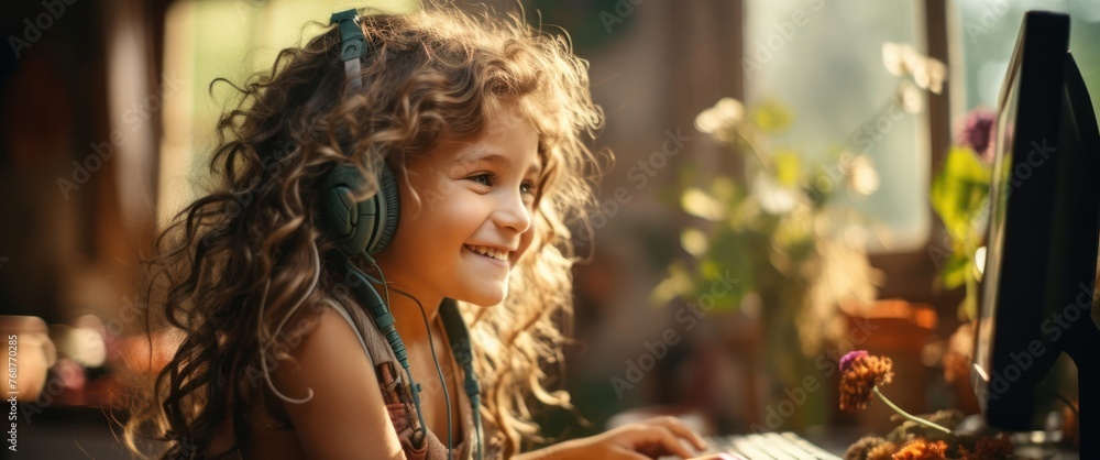 Aufkleber little girl engages with computer keyboard generative ai