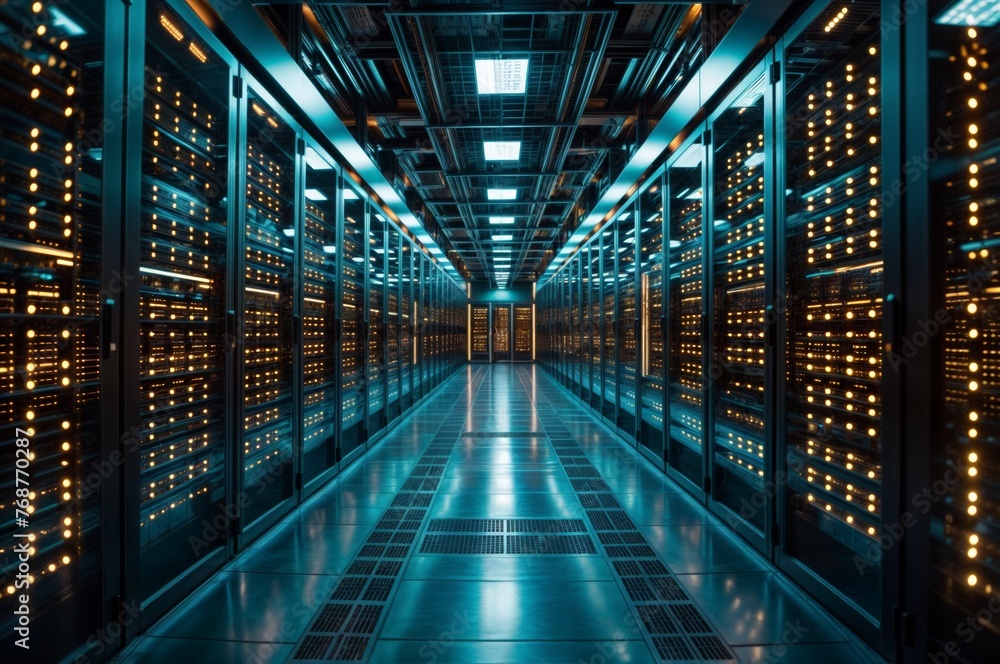 Poster server room data center with rows of server racks.