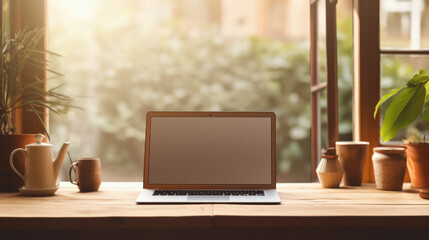 Laptop computer with blank screen on wooden table with coffee cup and plant in coffee shop