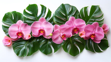 Pink orchid flowers and monstera leaf on white background, top view