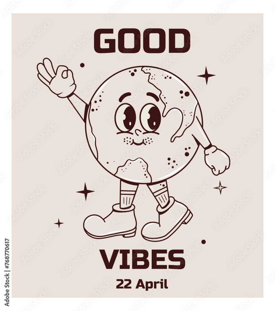 Poster smiling planet in retro groovy style showing that everything is ok with its hands. earth day. funky 