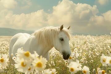 Obraz na płótnie Canvas White Horse in Field of Daisies
