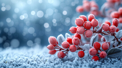 Winter background with red berries and snow, bokeh effect.