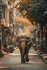 Elephant Walking Down City Street