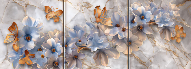 3 panel wall art, marble background with golden and silver flowers designs, blue flowers , golden butterfly silhouette, wall decoration	 - obrazy, fototapety, plakaty