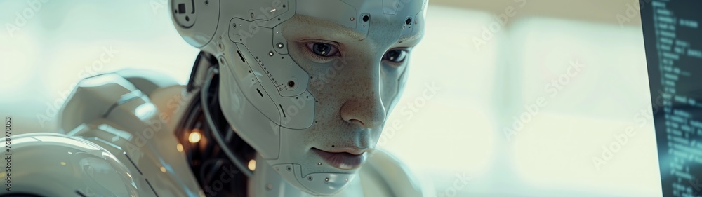 Poster ai technologies. close-up of a robot's head with a focused gaze. banner.