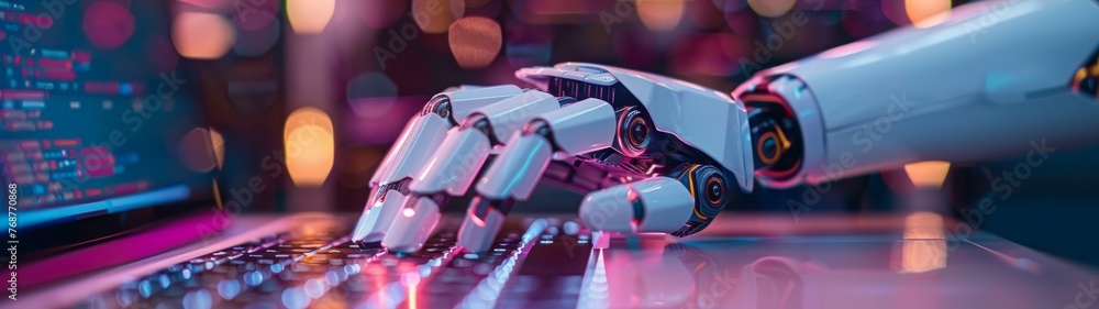 Poster ai technology. close-up of a robot hand typing text on a laptop keyboard. banner.