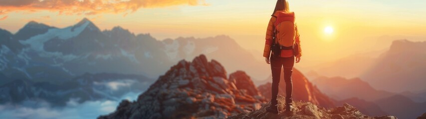 Woman with an adventurous spirit, wearing hiking gear stands on the mountain summit during sunrise. Banner.
