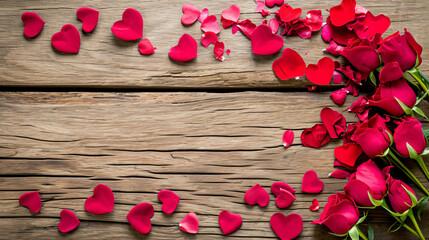 Rose petals scattered on a rustic wooden table