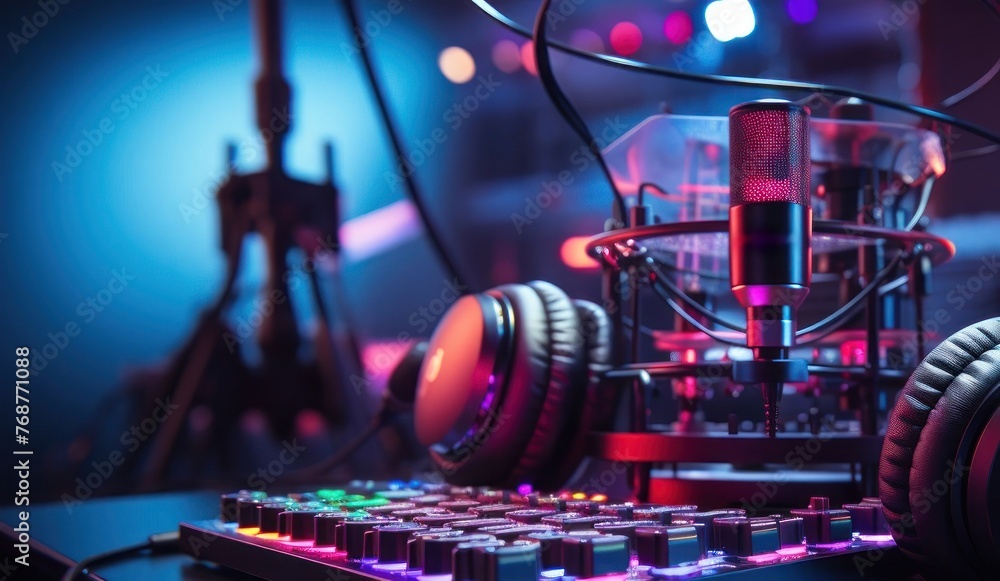 Poster podcast setting - computer keyboard with headphones generative ai