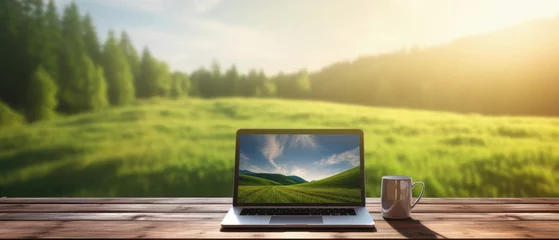 Fotobehang Laptop and coffee cup on wooden table in front of nature background © Synthetica