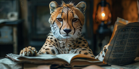 Enlightened Cheetah Delving into Knowledge Under Rustic Lamplight - Scholarly Wildcat Banner