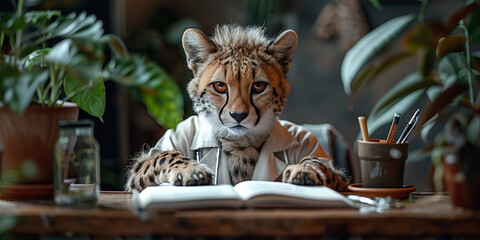 Scholarly Cheetah Studies Hard Surrounded By Greenery Banner
