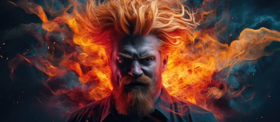 A man with long hair is standing in front of a crackling fire, his face illuminated by the flickering flames. The fire casts a warm glow on his features as he looks into the dancing flames.