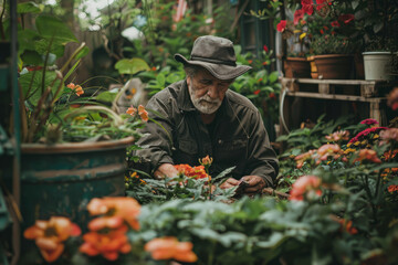 Professional Photography of a Gardening Enthusiast Tending to Their Lush Garden Oasis, Generative AI