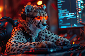 Futuristic Neon-Lit Cheetah DJ Mixing Beats at Vibrant Night Party Banner