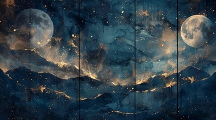 split background with a celestial theme, using deep shades of indigo and shimmering gold. - obrazy, fototapety, plakaty