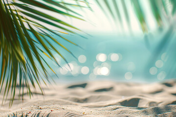 Tropical beach with coconut palm leaf and bokeh sun light. AI.