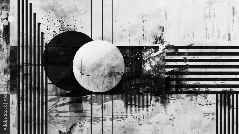 Poster split background with an abstract geometric design, using contrasting tones of black and white.