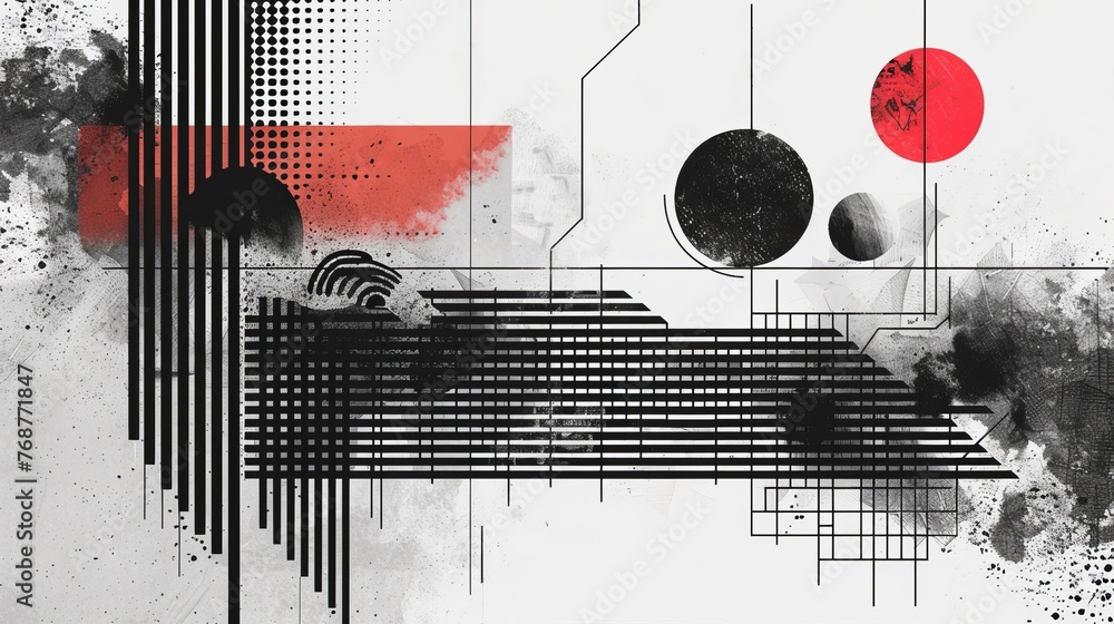 Poster split background with an abstract geometric design, using contrasting tones of black and white.