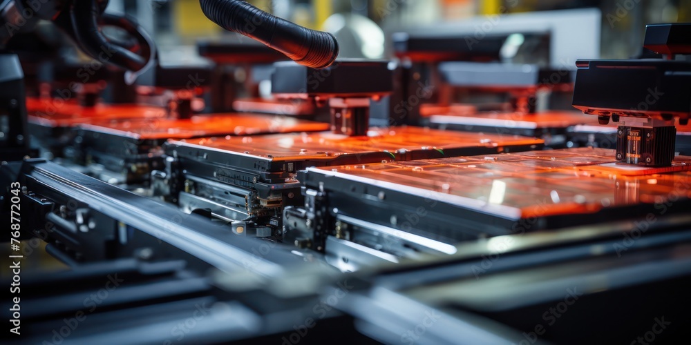 Poster precision machine working on mass production assembly line generative ai