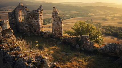 Sunlight breaks through the clouds to illuminate majestic ruins on a hill overlooking a golden...