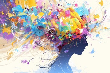 Obraz na płótnie Canvas A vibrant explosion of colors forming the profile view head and brain, symbolizing creativity in art or design with an abstract background. 