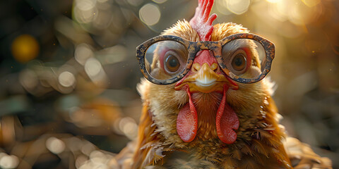 Scholarly Chicken Ponders Lifes Mysteries in Spectacles - Banner - obrazy, fototapety, plakaty