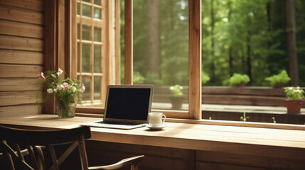 Wooden interior with a laptop and a cup of coffee on the table