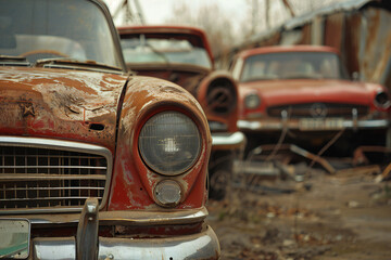 Old vintage rusty car truck abandoned in the junkyard - obrazy, fototapety, plakaty