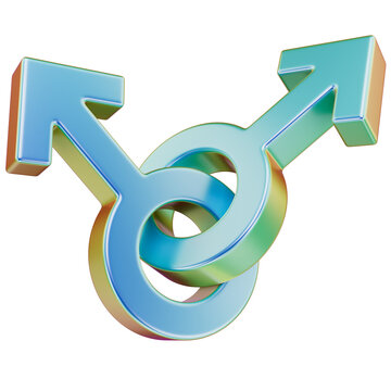 Gay symbol 3d icon with blue holographic metal texture. Iridescent homosexual sign isolated on transparent background.